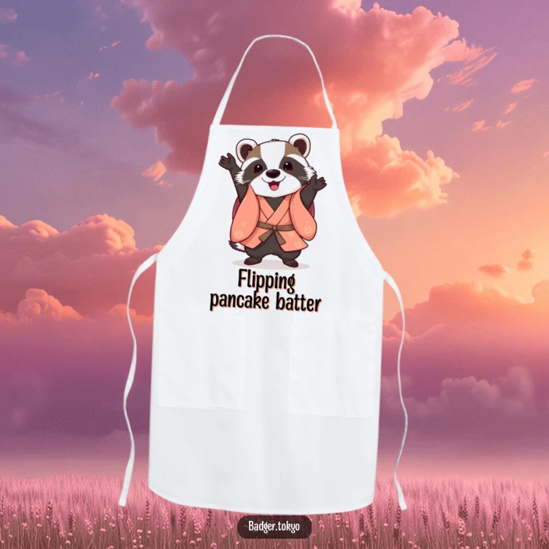 Funny Somersault Badger Kimono Apron, badger performing playful somersault, agile, kitchen accessory, dynamic, perfect funny gift.