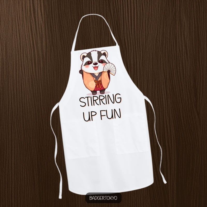 Funny Apron: A badger in a vibrant kimono cheerfully holds a fan, adding flair to cooking.