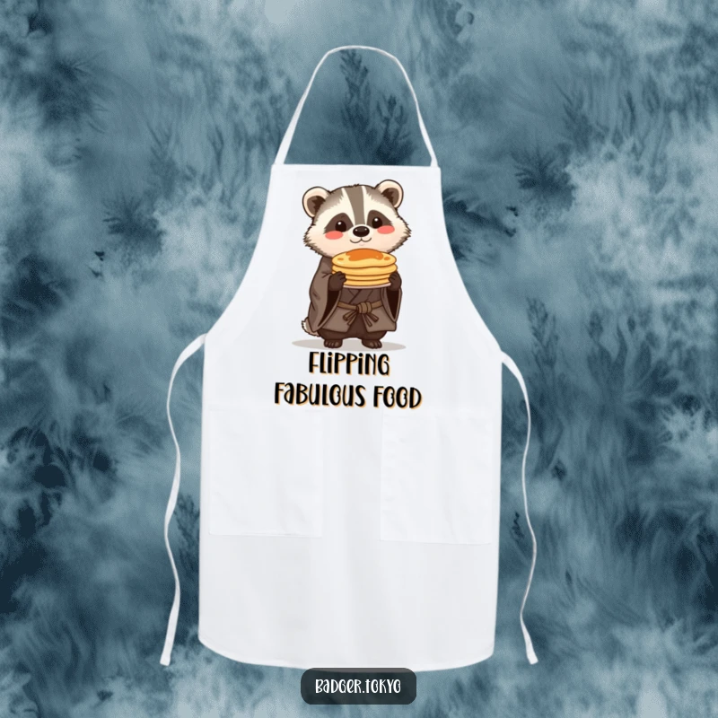 Funny Kawaii badger in a rustic kimono proudly balancing a stack of pancakes, a humorous and practical kitchen apron.