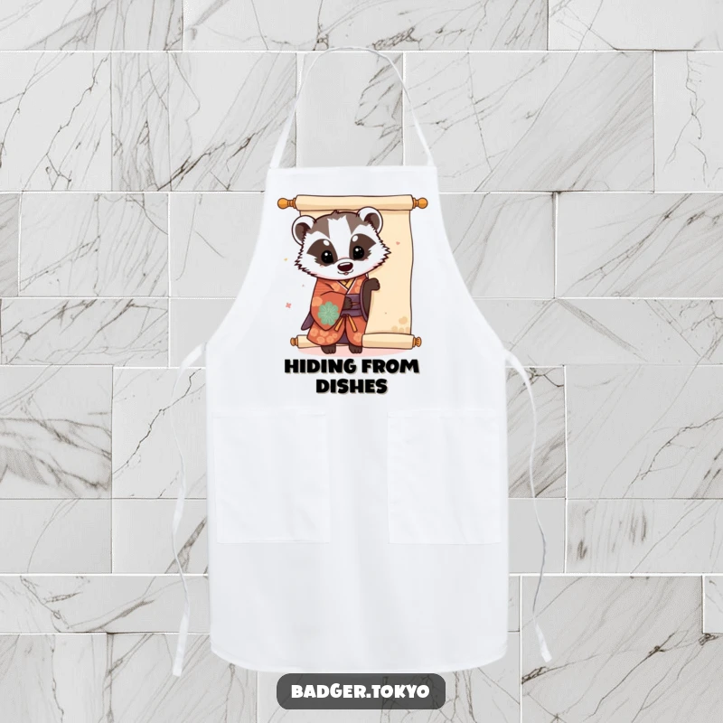 Funny Kawaii badger in a colorful kimono playfully peeking from behind a large scroll, a humorous and practical kitchen apron.