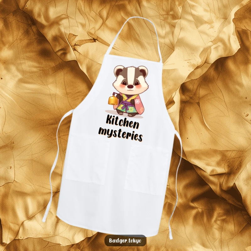 Funny kitchen apron with a badger in a colorful kimono looking curiously at a tiny bell, adding humorous practicality to cooking.