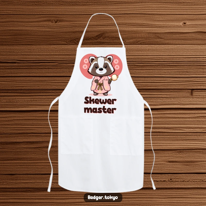 Funny kitchen apron with a badger in a beautiful kimono holding a dango skewer, showcasing humorous culinary enjoyment.