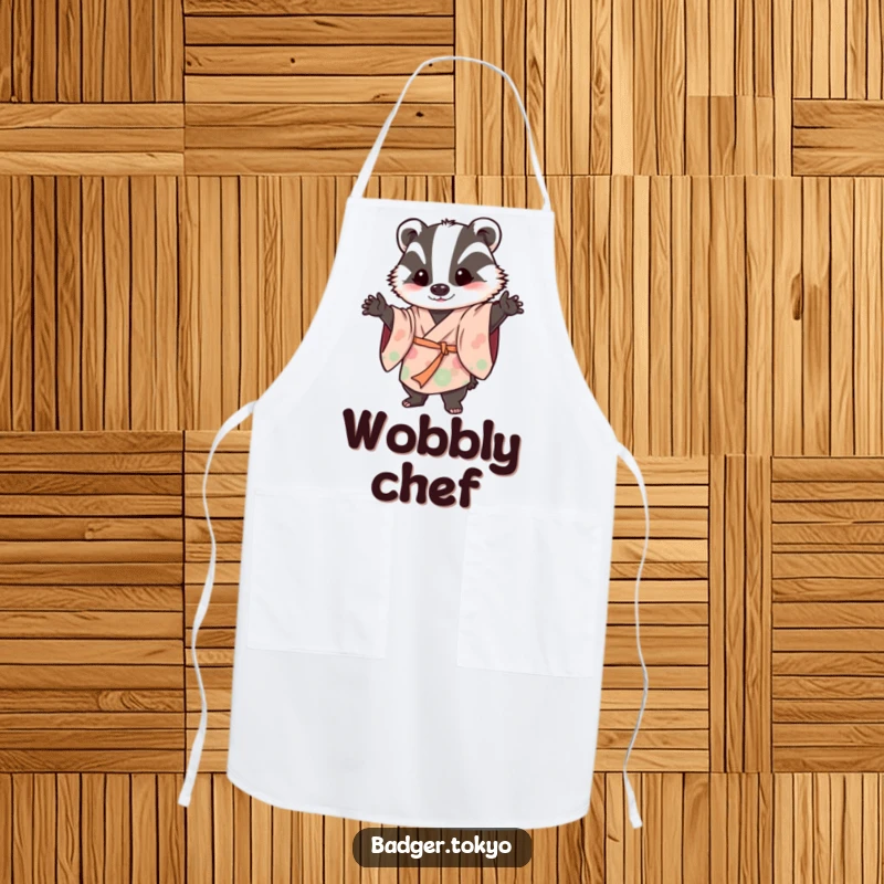 Funny kitchen apron with a badger in a flowing kimono striking a playful, wobbly pose, adding humorous practicality to cooking.