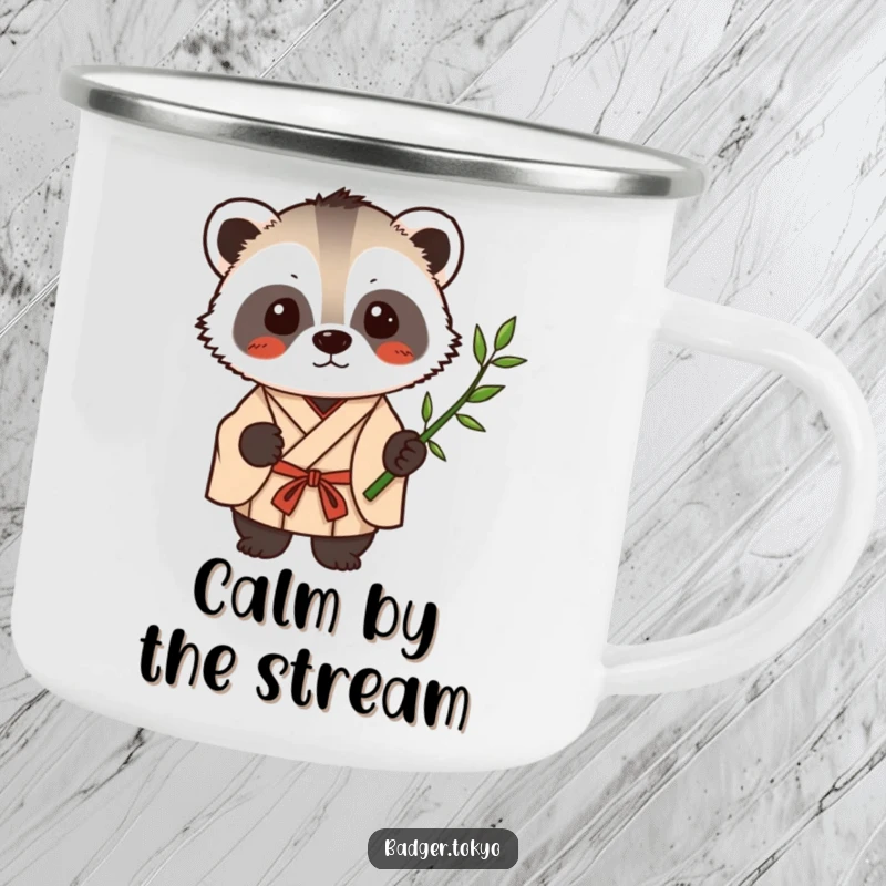Funny Kawaii badger in a simple kimono holding a single bamboo stalk, a humorous and sturdy camping mug.