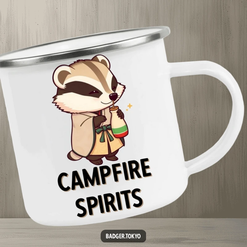 Funny enamel camping mug with a badger in an ornate kimono playfully tipping a small sake flask, designed for outdoor celebration and humor.