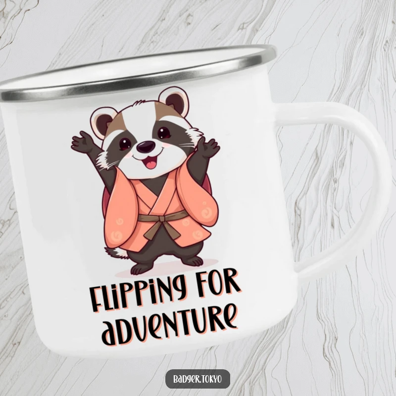 Funny Somersault Badger Kimono Camping Mug, badger performing playful somersault, agile, outdoor, durable, perfect funny gift.