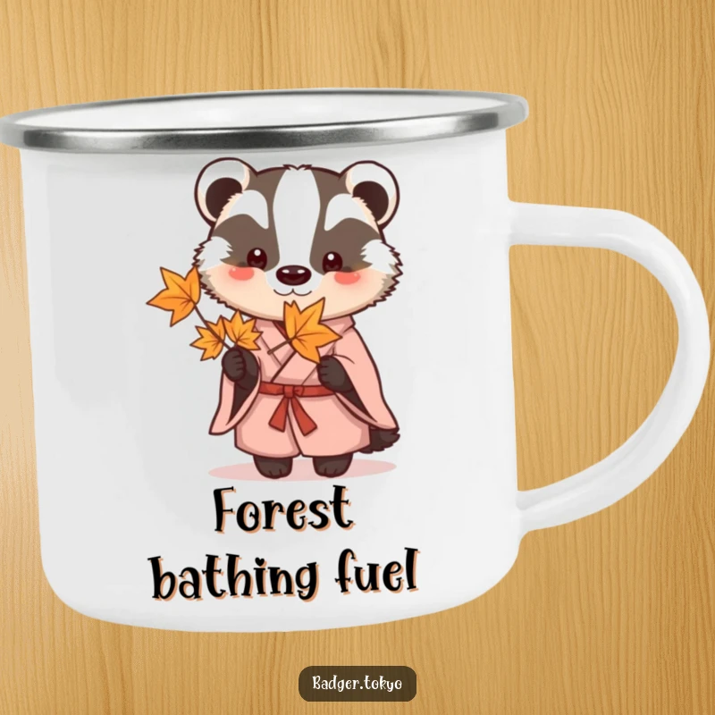 Funny Camping Mug: A badger in a kimono holds a maple leaf, built for outdoor adventures and smiles.