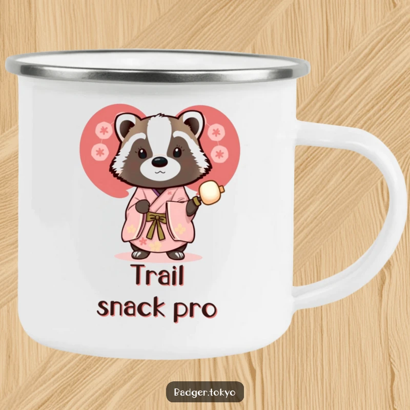 Funny enamel camping mug with a badger in a beautiful kimono holding a dango skewer, designed for outdoor snacking humor.