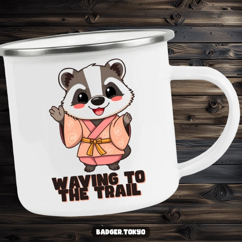 Funny Happy Badger Kimono Camping Mug, badger waving friendly, cheerful, outdoor, durable, perfect funny gift.