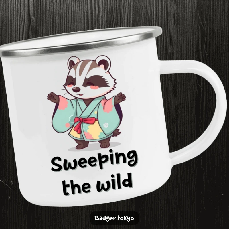 Funny Kawaii badger in a vibrant kimono performing a gentle sweeping motion, a humorous and sturdy camping mug.