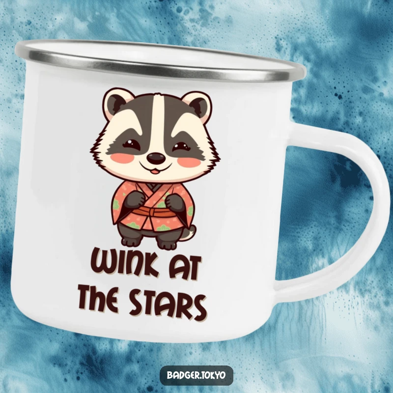 Funny Kawaii badger in a patterned kimono giving a playful wink, a humorous and sturdy camping mug.