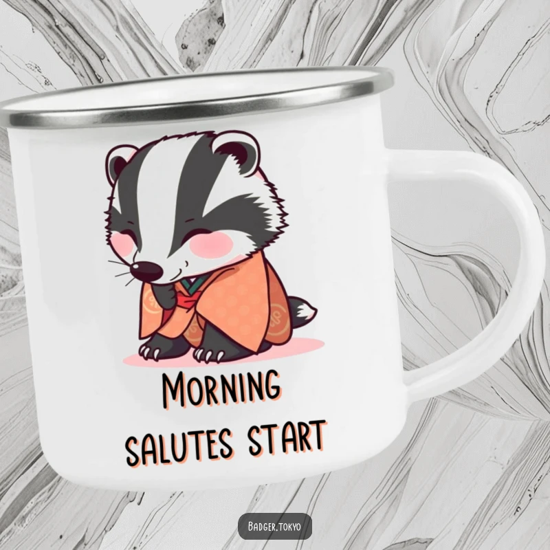 Funny Camping Mug: A badger in a patterned kimono bows low, ready for outdoor respect.