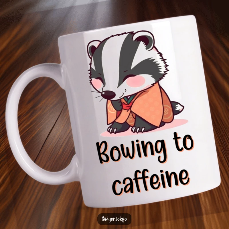 Funny Mug: A badger in a patterned kimono is joyfully bowing low, showing deep respect.