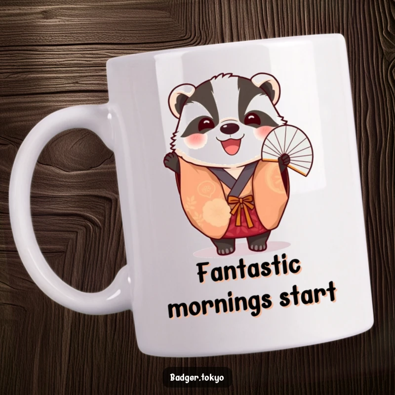 Funny Mug: A happy badger in a vibrant kimono cheerfully holds an open fan, ready to entertain.