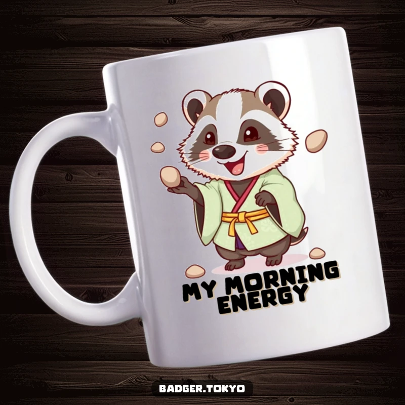 Funny Juggling Badger Kimono Mug, badger enthusiastically juggling pebbles, cheerful, energetic, fun, perfect funny gift.