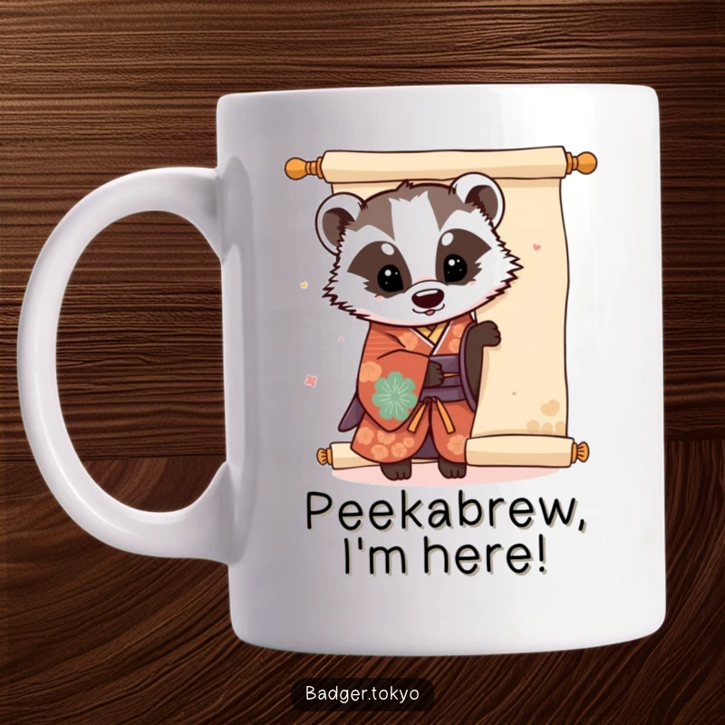 Funny Kawaii badger in colorful kimono peeking playfully from behind a large scroll, offering a whimsical and cute surprise.