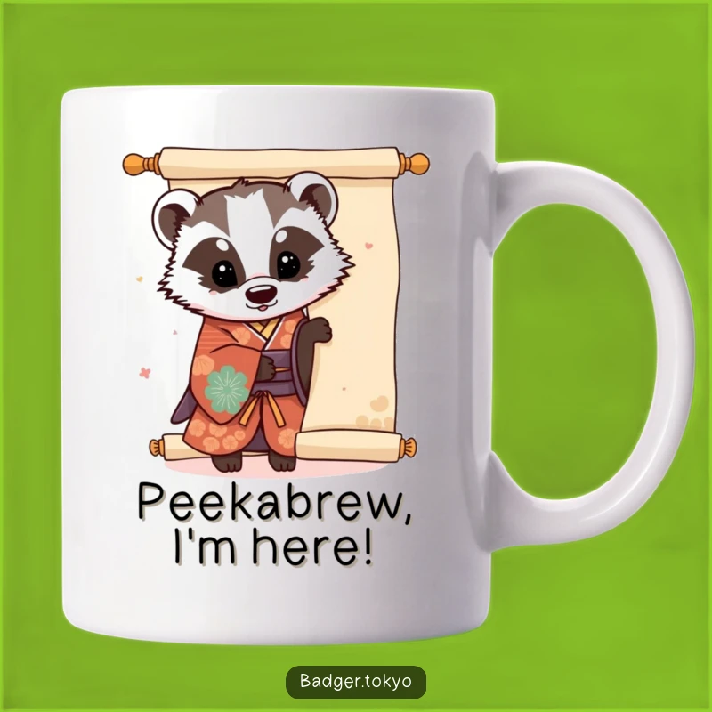 Funny Kawaii Badger Kimono Scroll Mug - Adorable Playful Badger Peek Gift