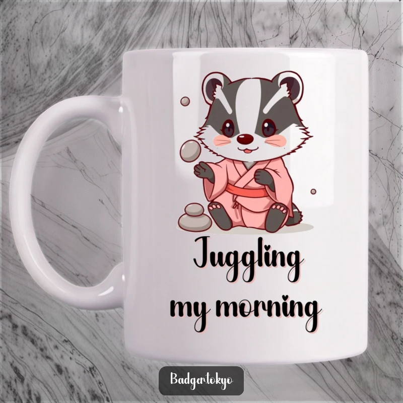 Funny Mug: A badger in a simple kimono is playfully juggling three smooth stones.