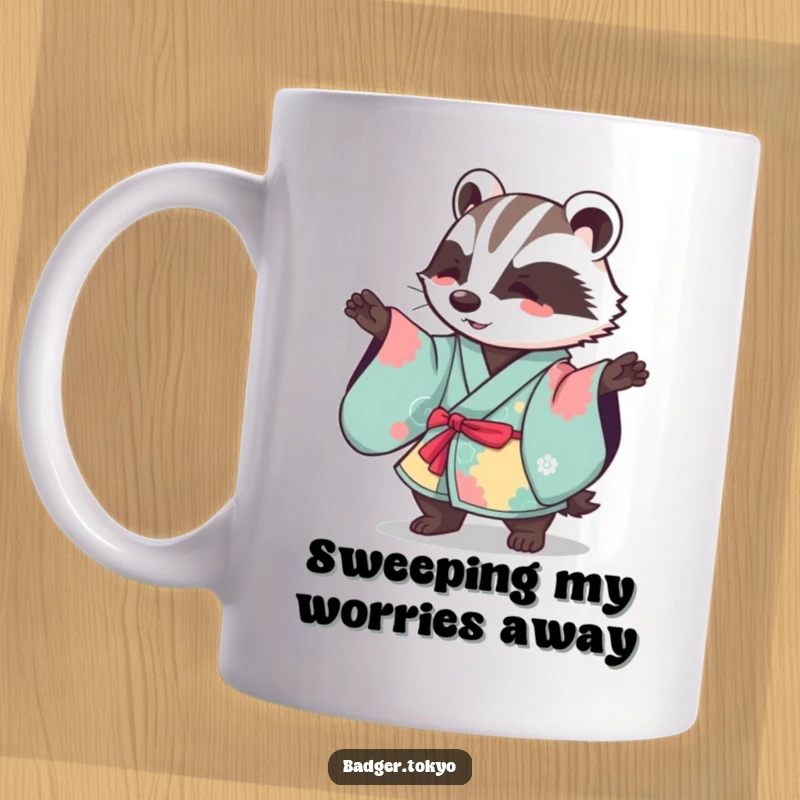 Funny Kawaii badger in a vibrant kimono performing a gentle, sweeping motion with a broom, looking delightful.