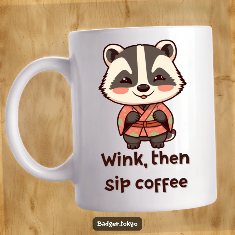 Funny Kawaii badger in a patterned kimono giving a playful wink, exuding mischief and charm.