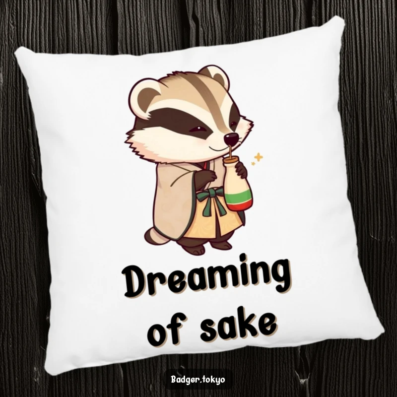 Funny decorative pillow with a badger in an ornate kimono playfully tipping a small sake flask, offering humorous comfort and a festive vibe.
