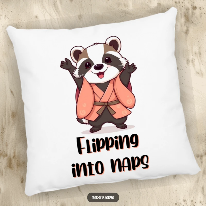 Funny Somersault Badger Kimono Pillow, badger performing playful somersault, agile, comfortable, dynamic decor, perfect funny gift.