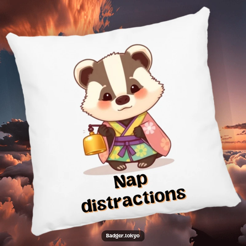 Funny decorative pillow with a badger in a colorful kimono looking curiously at a tiny bell, offering humorous comfort and a whimsical vibe.
