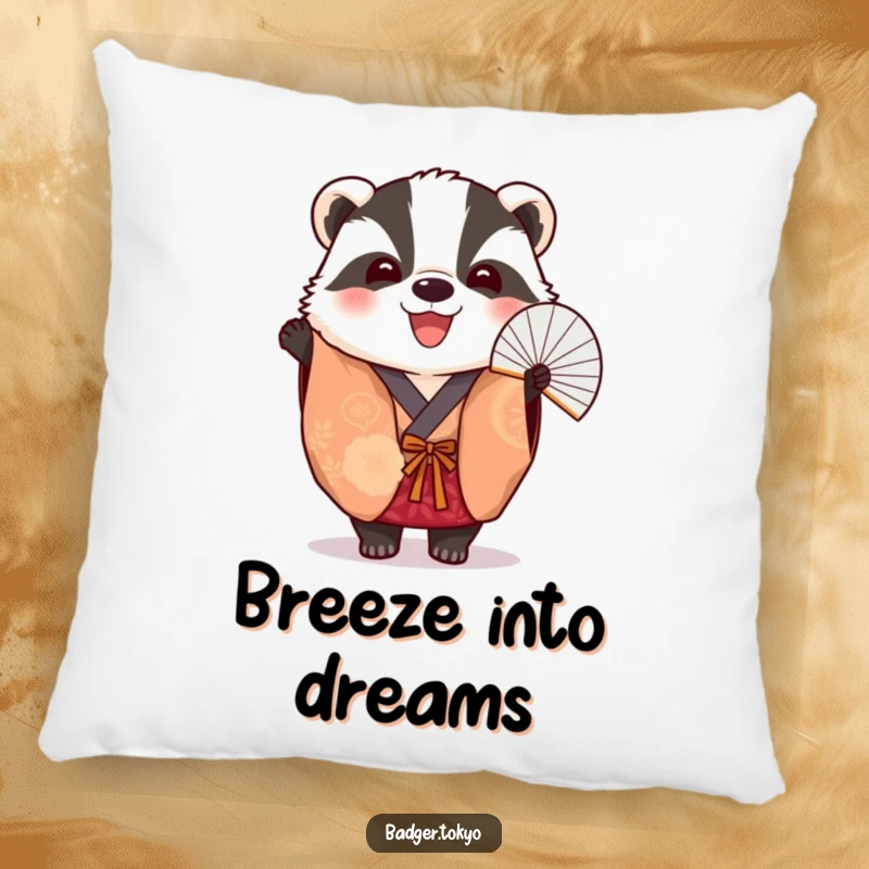 Funny Pillow: A vibrant kimono-clad badger cheerfully holds a fan, offering plush comfort and art.