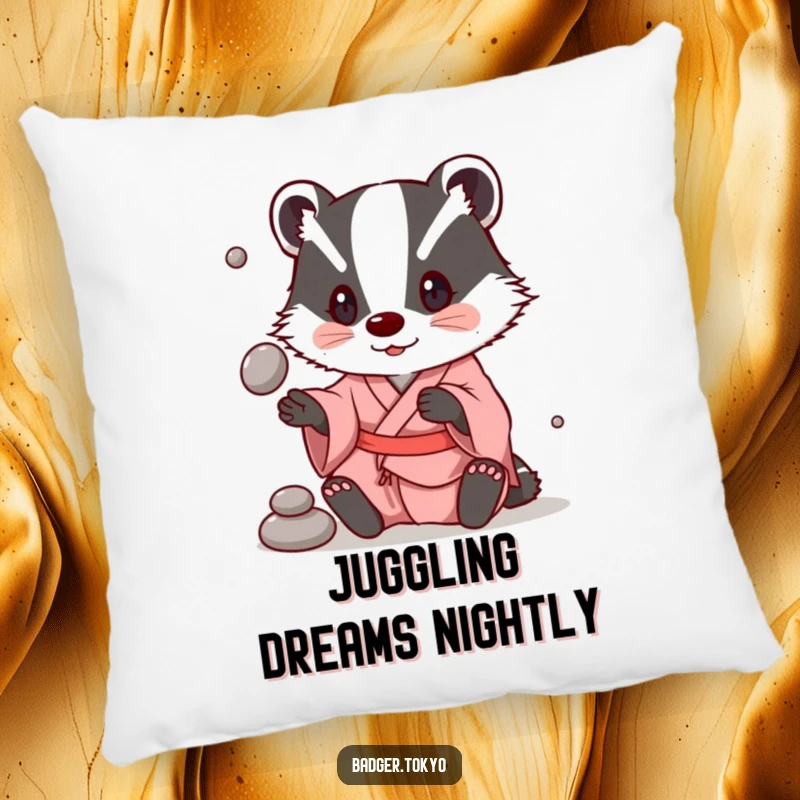 Funny Pillow: A badger in a simple kimono juggles stones, offering comfort and playful art.