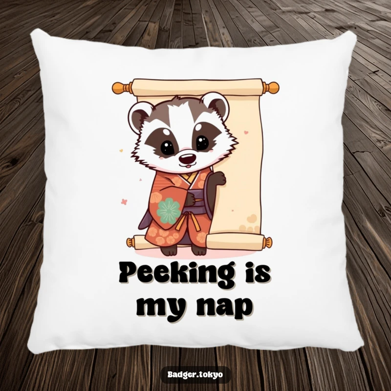 Funny Kawaii badger in a colorful kimono playfully peeking from behind a large scroll, a soft and humorous decorative pillow.