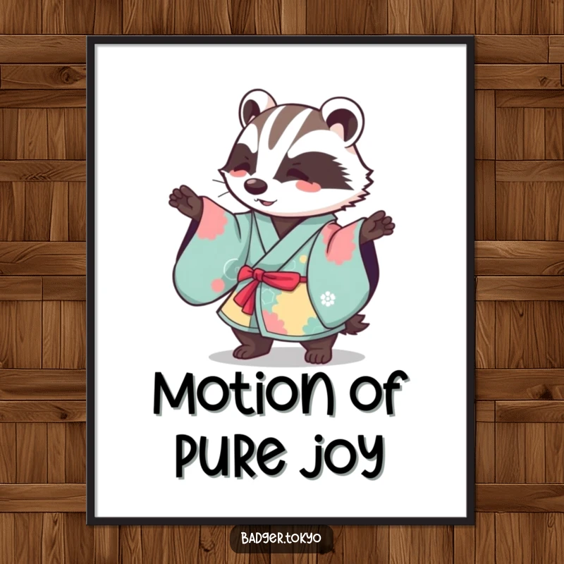 Funny Kawaii badger in a vibrant kimono performing a gentle sweeping motion, a humorous and graceful digital art download.