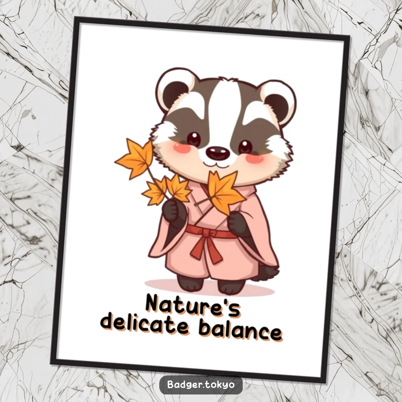 Funny Digital Art Print: A badger in a simple kimono holds a delicate maple leaf, ready to print.