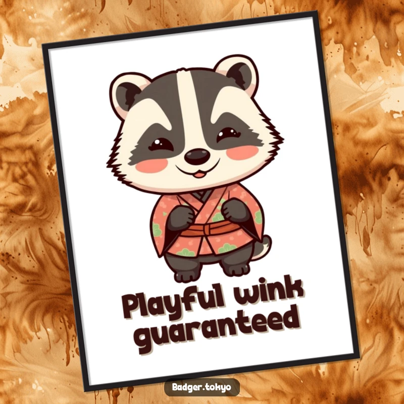 Funny Kawaii badger in a patterned kimono giving a playful wink, a humorous and mischievous digital art download.