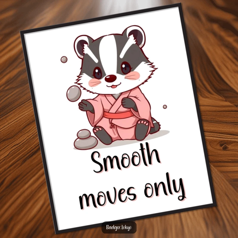 Funny Digital Art Print: A badger in a simple kimono juggles stones, ready to print.