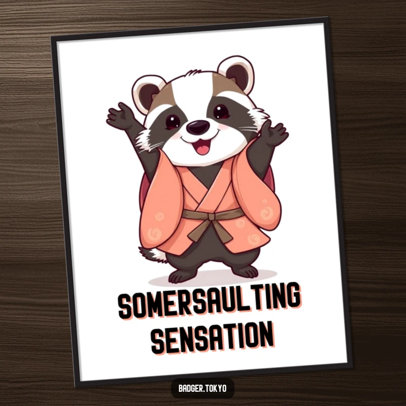 Funny Somersault Badger Kimono Digital Art Print, badger performing playful somersault, agile, dynamic, instant download, perfect funny gift.