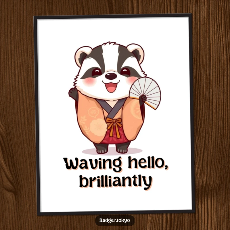Funny Digital Art Print: A badger in a vibrant kimono cheerfully holds a fan, ready to print.
