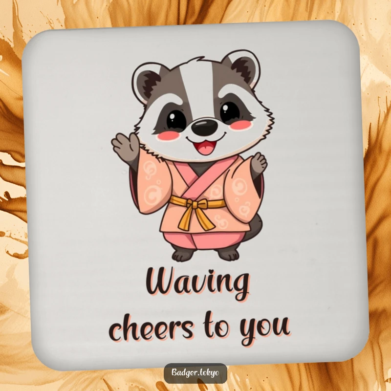 Funny Happy Badger Kimono Coaster, badger waving friendly, cheerful, table protection, welcoming, perfect funny gift.