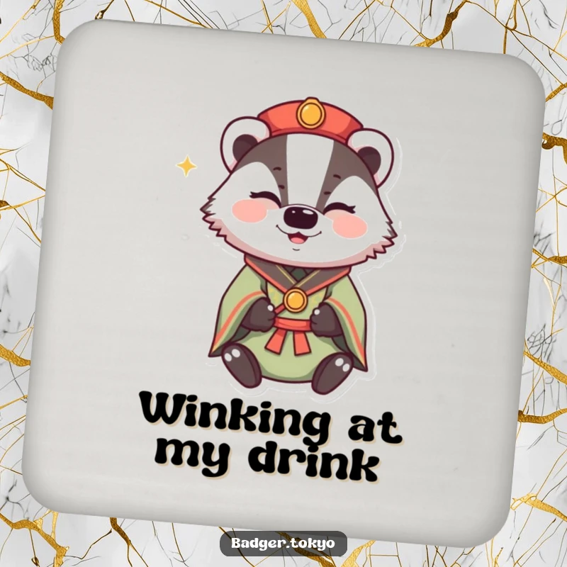 Funny Winking Badger Kimono Coaster, badger winking with happy sparkle, mischievous, table protection, charming, perfect funny gift.