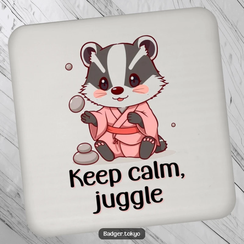 Funny Coaster: A badger in a simple kimono juggles stones, adding playful charm to your table.