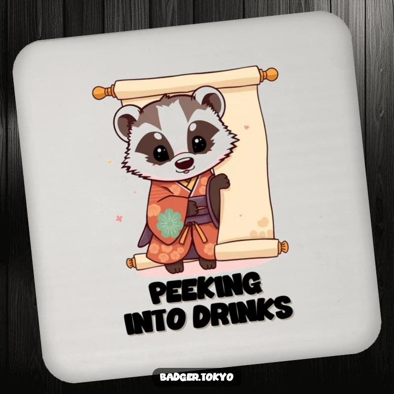 Funny Kawaii badger in a colorful kimono peeking from behind a large scroll, a humorous and protective drink coaster.