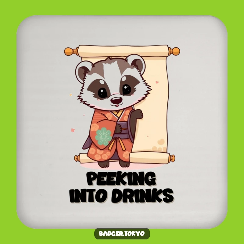 Funny Kawaii Badger Kimono Coaster - Playful Scroll Drink Protector Gift