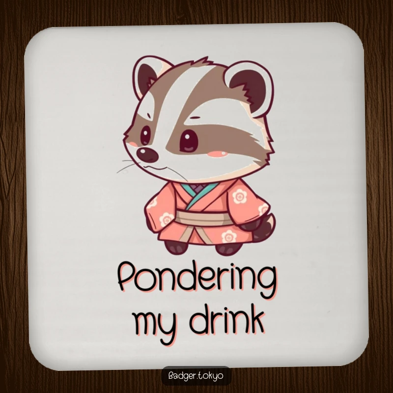 Funny Kawaii Badger Kimono Coaster, badger tipping head inquisitively, cute, table protection, stylish, perfect funny gift.