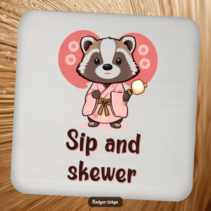 Funny drink coasters with a badger in a beautiful kimono holding a dango skewer, offering humorous protection for surfaces.