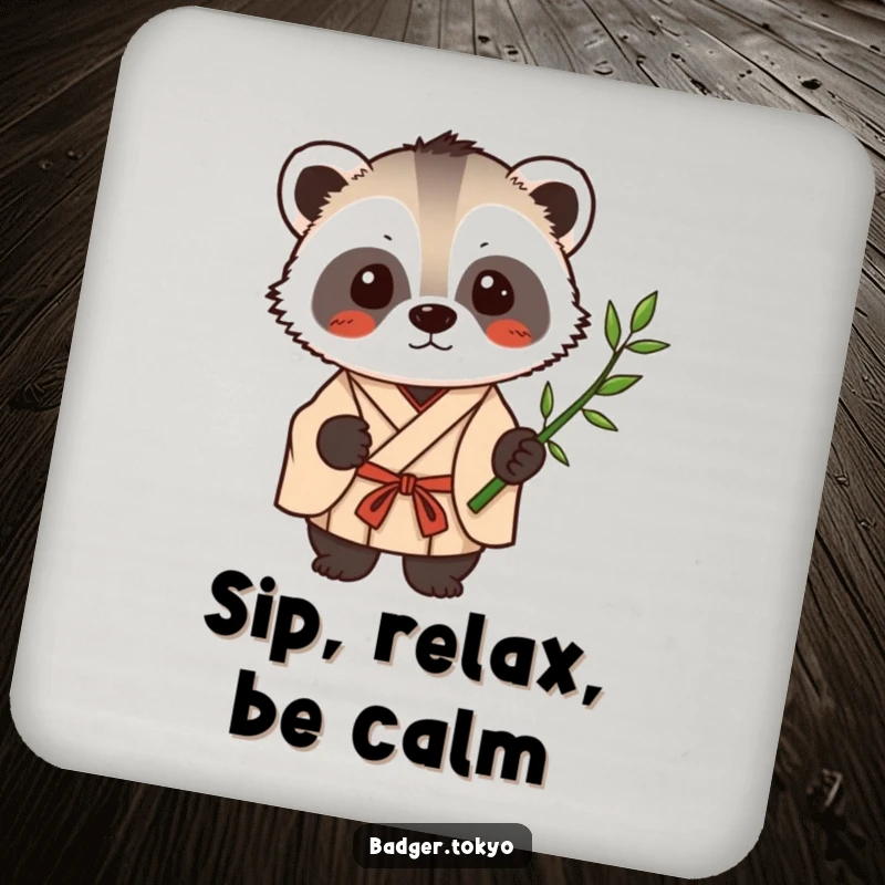 Funny Kawaii badger in a simple kimono holding a single bamboo stalk, a humorous and protective drink coaster.