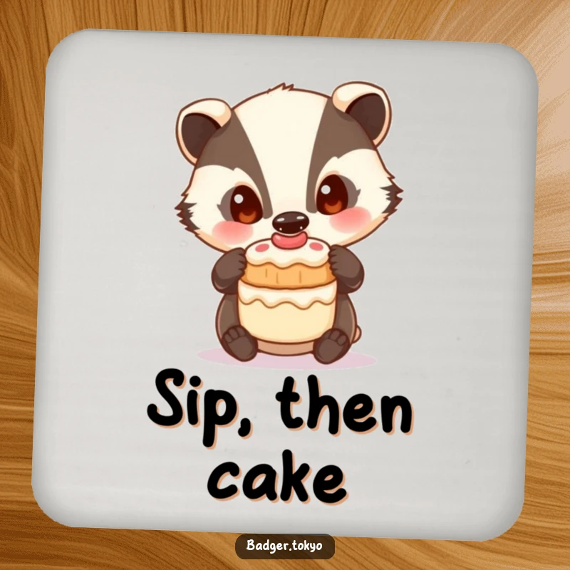 Funny Coaster: A badger with curious eyes balances a small cake, adding curious charm to your table.