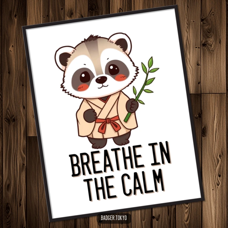 Funny Kawaii badger in a simple kimono holding a single bamboo stalk, a peaceful and humorous art print.