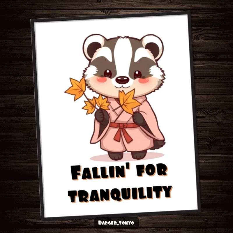 Funny Poster: A badger in a traditional kimono delicately holds a maple leaf, creating peaceful wall art.