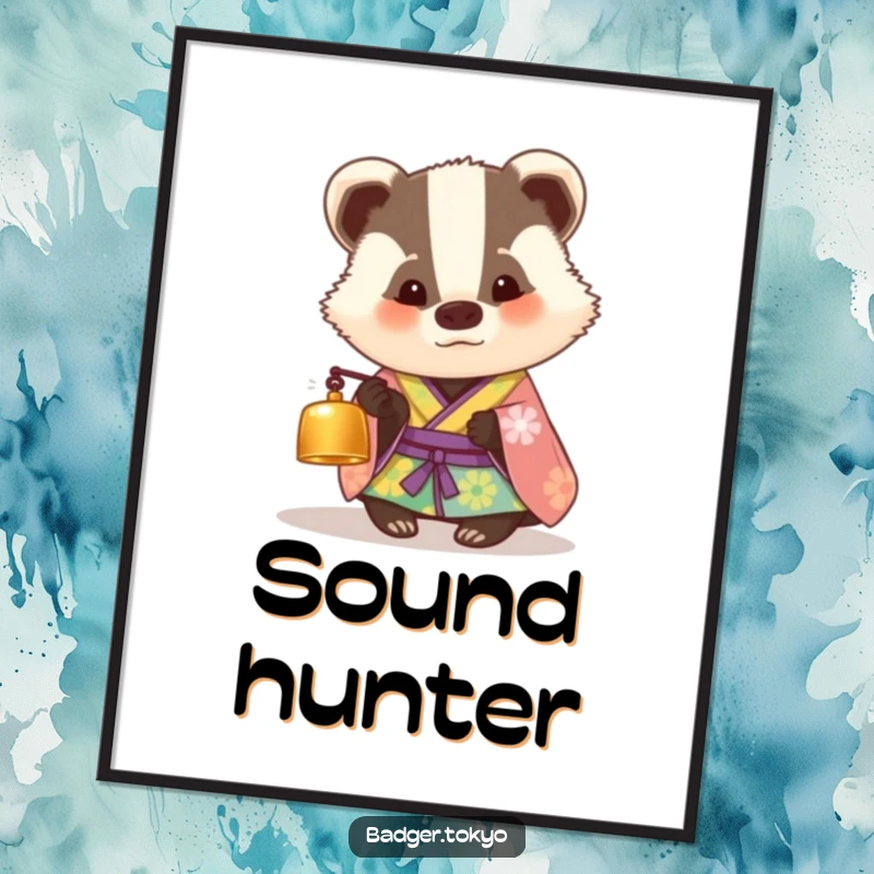 Funny poster print of a badger in a colorful kimono looking curiously at a tiny bell, adding humorous and intriguing wall art.