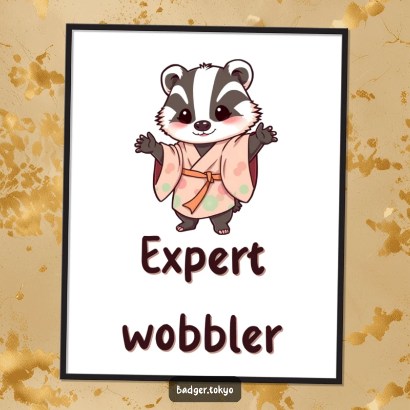 Funny poster print of a badger in a flowing kimono striking a playful, wobbly pose, adding humorous and lively wall art.
