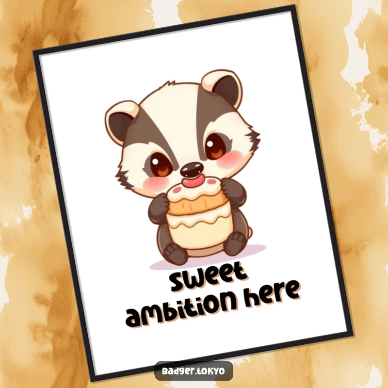 Funny Poster: A badger with curious eyes is balancing a small cake, creating enchanting wall art.